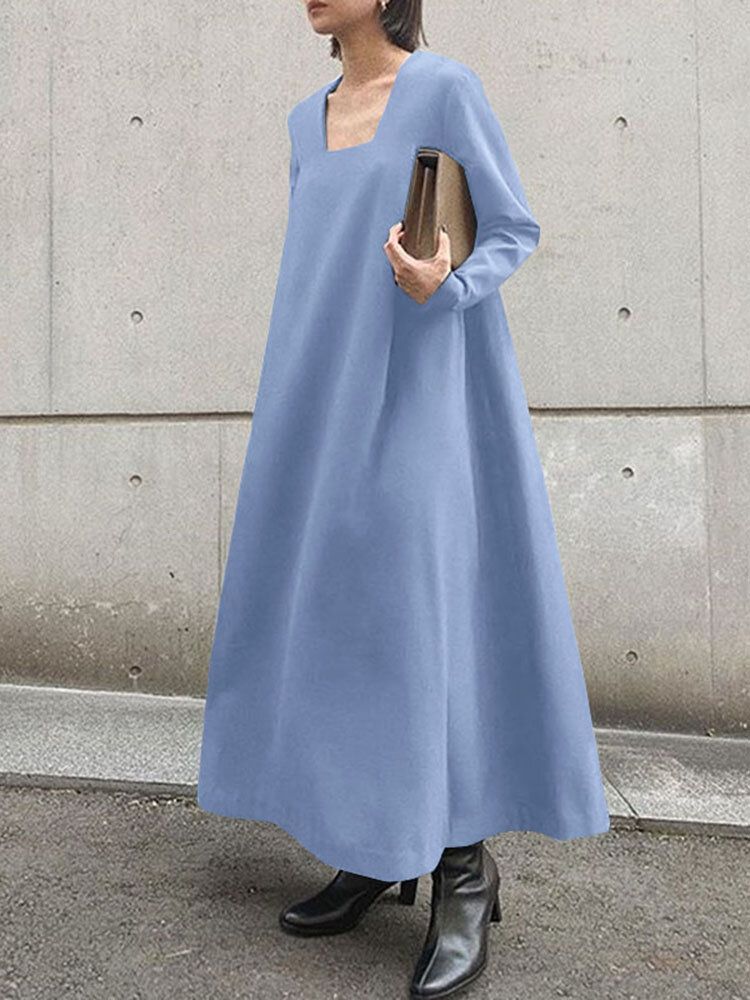 Robe Maxi Bohème À Manches Longues Et Col Carré Pour Femme Avec Poche Latérale