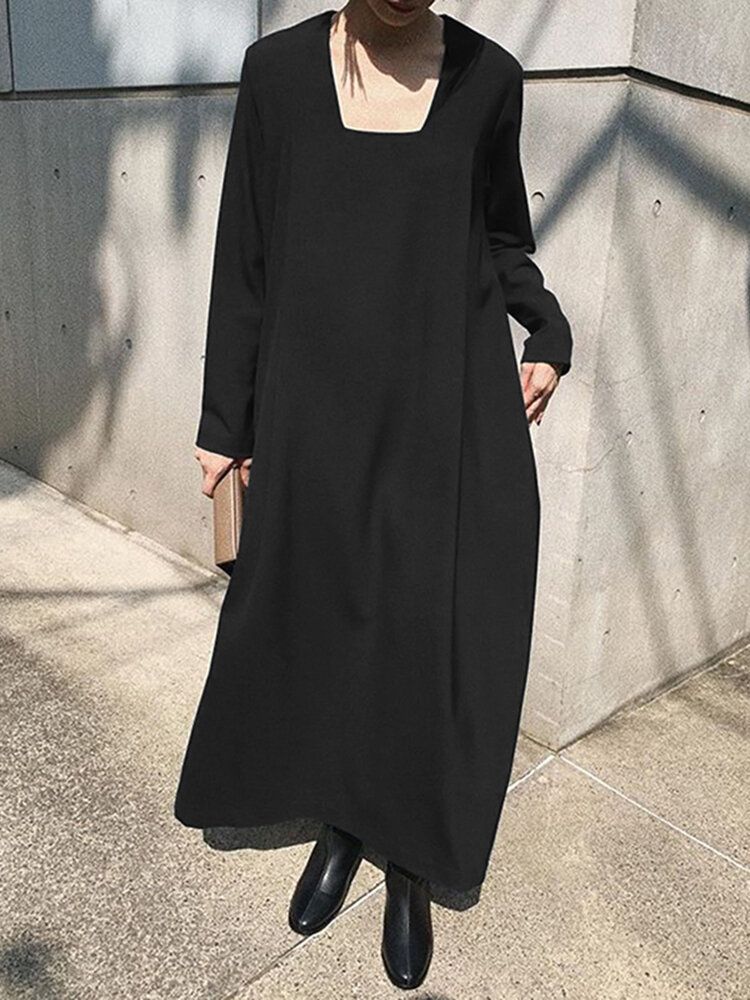 Robe Maxi Bohème À Manches Longues Et Col Carré Pour Femme Avec Poche Latérale