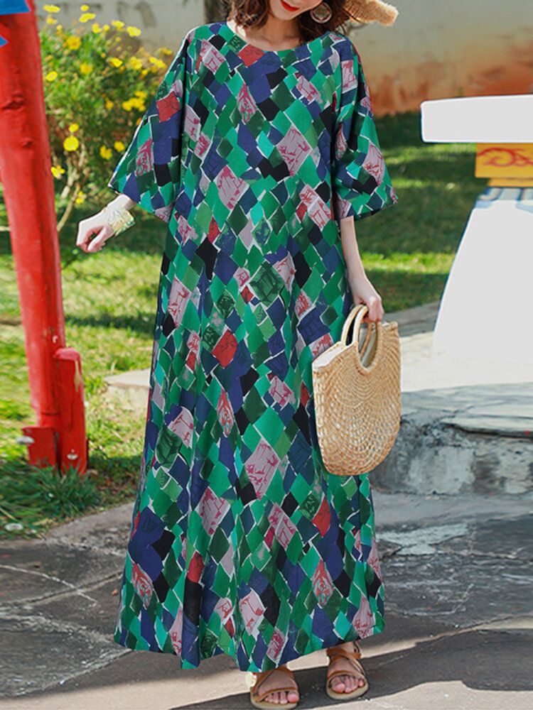 Robe Maxi Bohème À Manches Mi-longues À Imprimé Géométrique Vintage