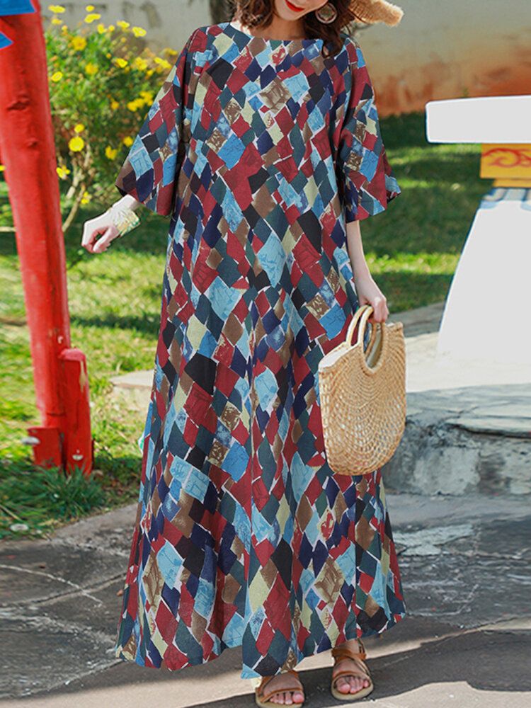 Robe Maxi Bohème À Manches Mi-longues À Imprimé Géométrique Vintage