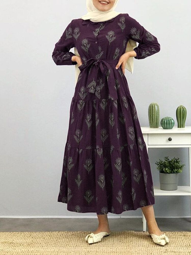 Robe Maxi Caftan À Manches Bouffantes Et À Imprimé Floral Pour Femmes Avec Ceinture