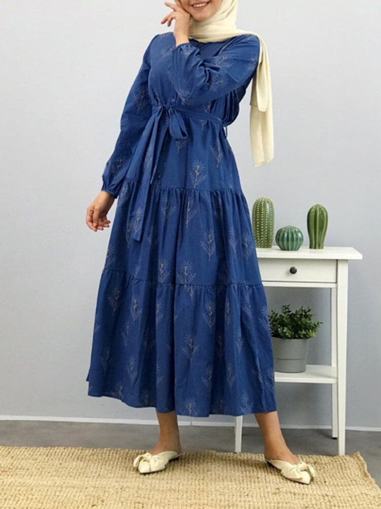 Robe Maxi Caftan À Manches Bouffantes Et À Imprimé Floral Pour Femmes Avec Ceinture