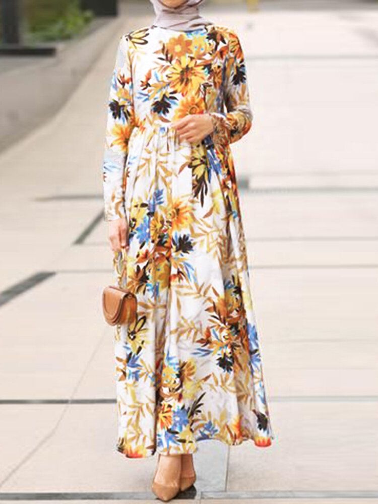 Robe Maxi Caftan À Manches Longues Et Imprimé Floral Pour Femme