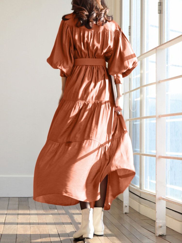 Robe Maxi Chemise Plissée À Col Montant Et Manches Bouffantes De Couleur Unie