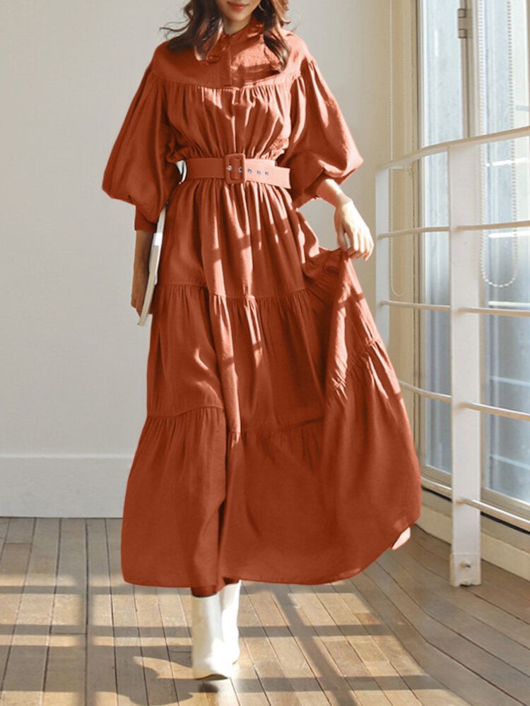 Robe Maxi Chemise Plissée À Col Montant Et Manches Bouffantes De Couleur Unie