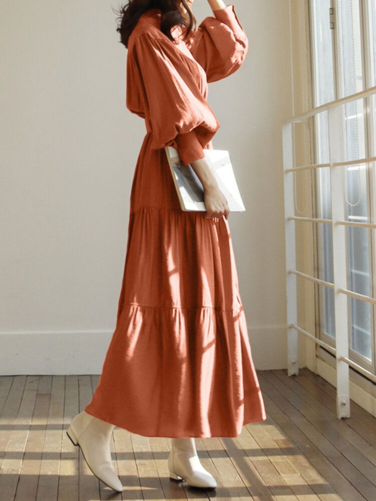 Robe Maxi Chemise Plissée À Col Montant Et Manches Bouffantes De Couleur Unie