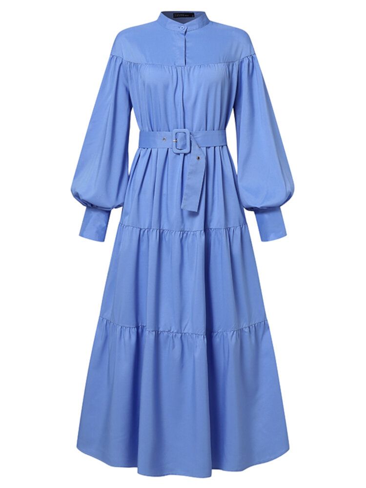 Robe Maxi Chemise Plissée À Col Montant Et Manches Bouffantes De Couleur Unie