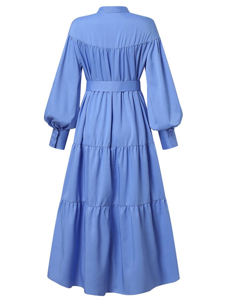 Robe Maxi Chemise Plissée À Col Montant Et Manches Bouffantes De Couleur Unie