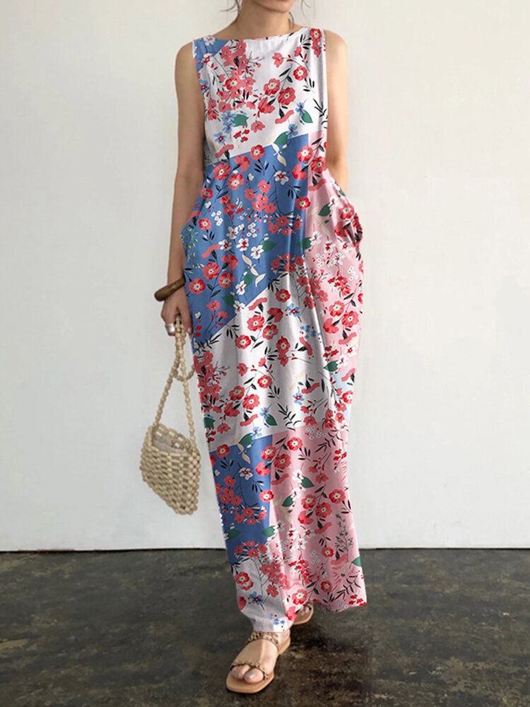 Robe Maxi À Col Rond Et Sans Manches À Imprimé Floral