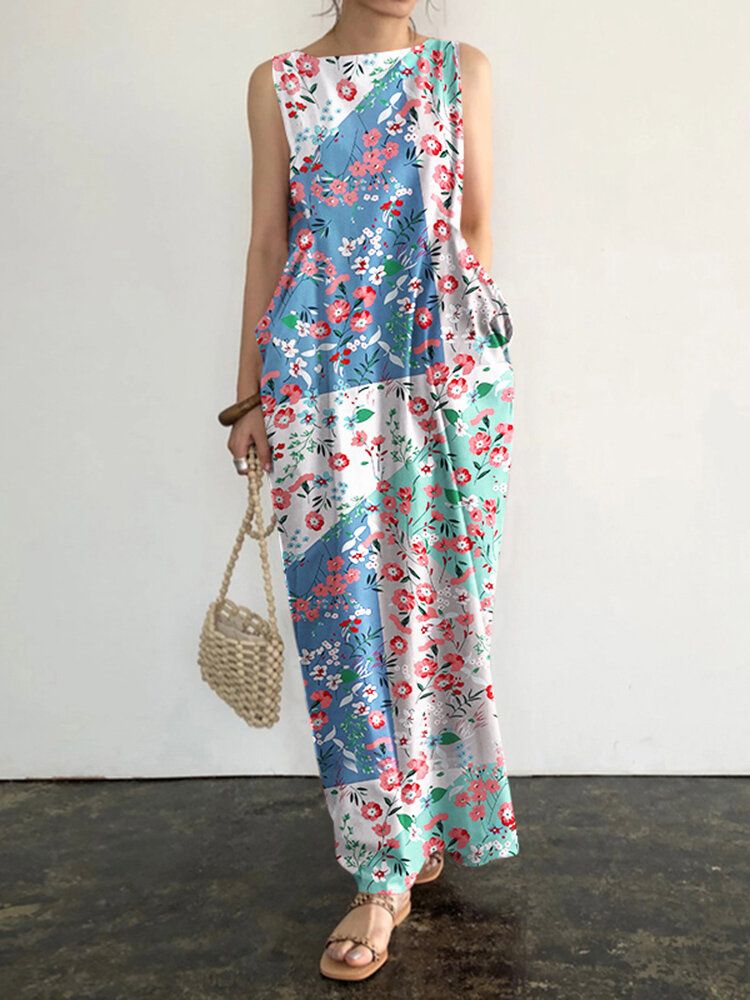 Robe Maxi À Col Rond Et Sans Manches À Imprimé Floral