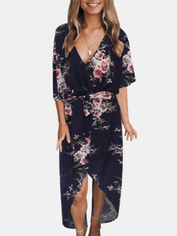 Robe Maxi À Col En V Et Ceinture À Imprimé Fleuri