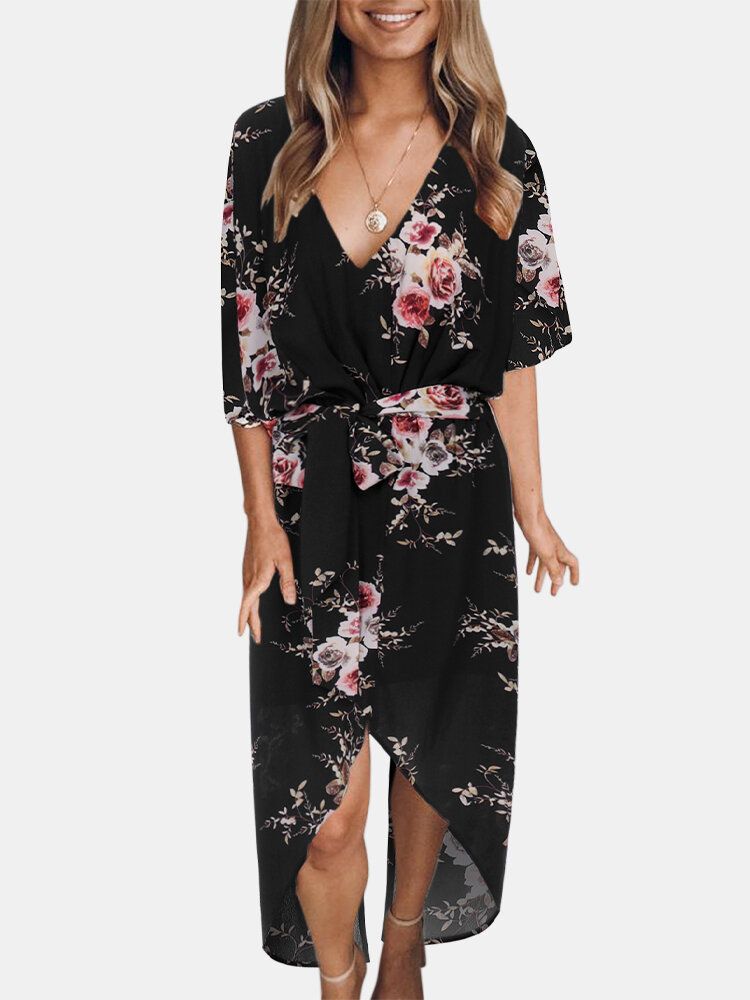 Robe Maxi À Col En V Et Ceinture À Imprimé Fleuri