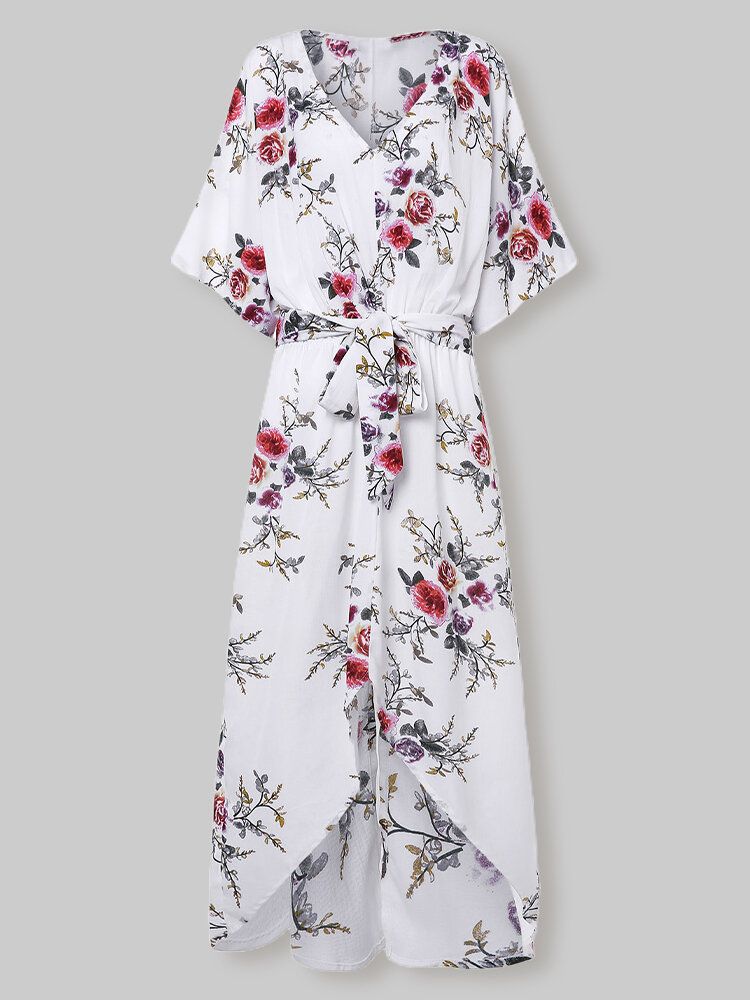 Robe Maxi À Col En V Et Ceinture À Imprimé Fleuri