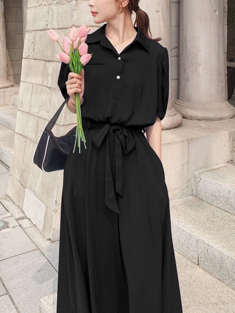 Robe Maxi Décontractée À Ceinture Boutonnée Avec Poche Solide