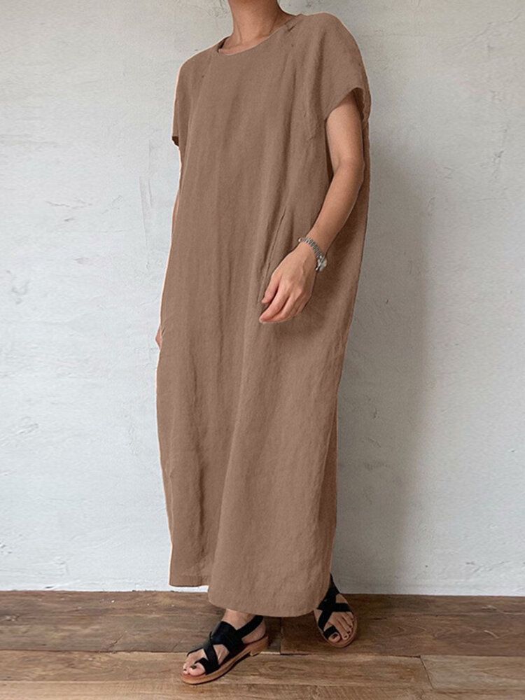 Robe Maxi Décontractée En Coton À Poche Solide Et Col Rond