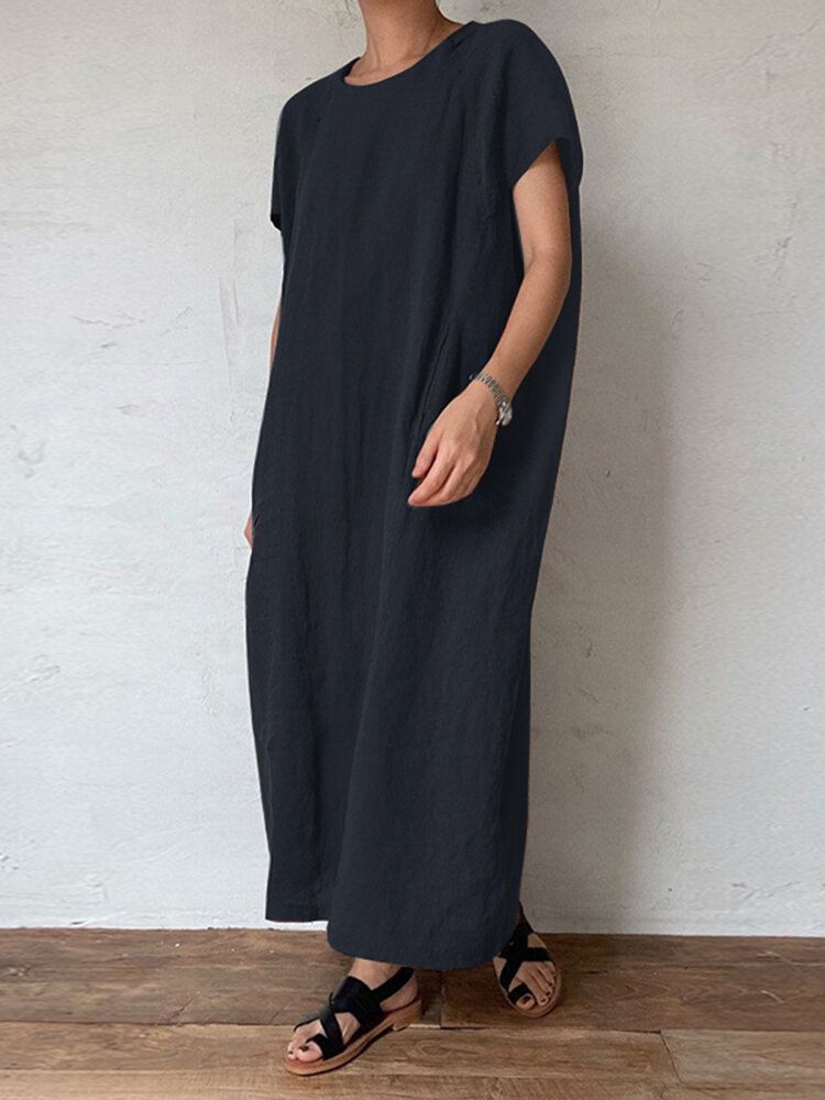 Robe Maxi Décontractée En Coton À Poche Solide Et Col Rond