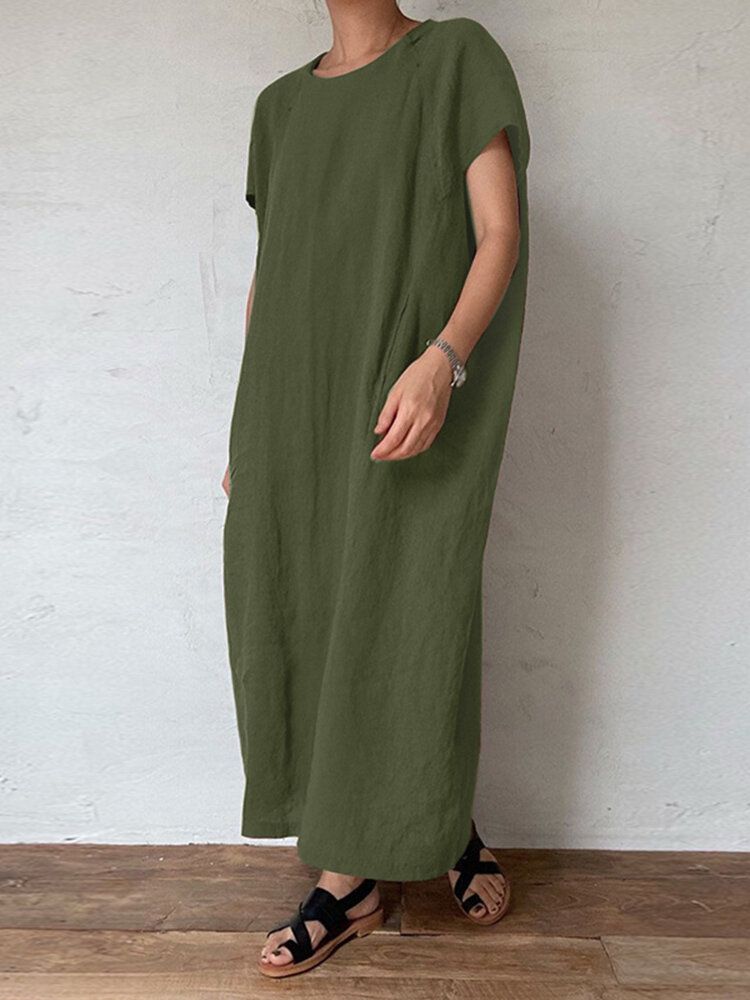 Robe Maxi Décontractée En Coton À Poche Solide Et Col Rond