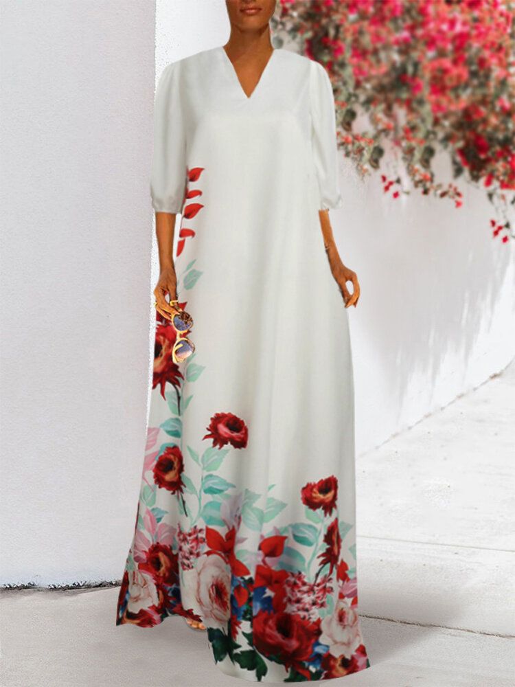 Robe Maxi Décontractée À Manches 3/4 Et À Imprimé Floral Pour Femmes