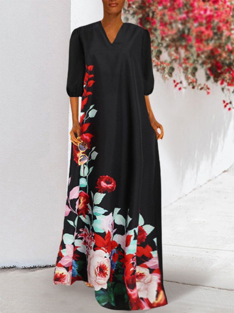 Robe Maxi Décontractée À Manches 3/4 Et À Imprimé Floral Pour Femmes