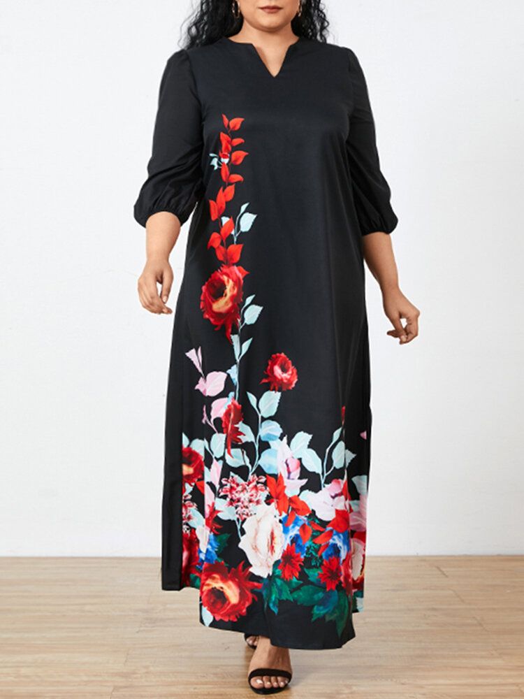 Robe Maxi Décontractée À Manches 3/4 Et À Imprimé Floral Pour Femmes