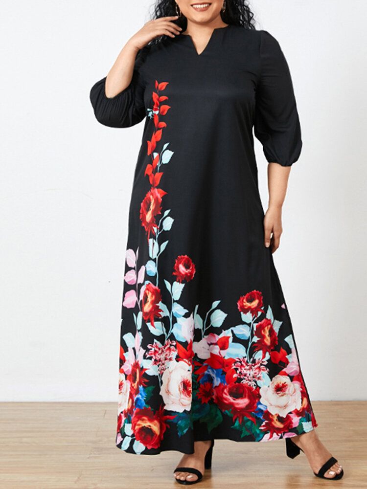 Robe Maxi Décontractée À Manches 3/4 Et À Imprimé Floral Pour Femmes