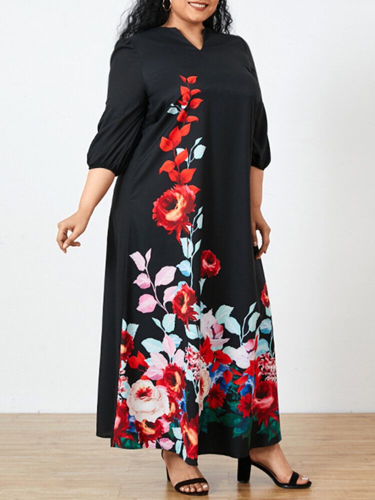 Robe Maxi Décontractée À Manches 3/4 Et À Imprimé Floral Pour Femmes