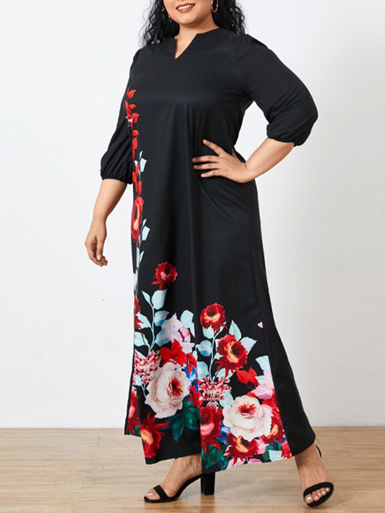 Robe Maxi Décontractée À Manches 3/4 Et À Imprimé Floral Pour Femmes