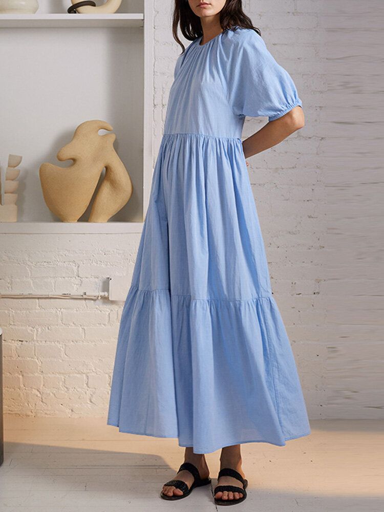 Robe Maxi Décontractée À Manches Bouffantes Et À Col Rond Avec Bouton Plissé