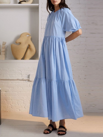 Robe Maxi Décontractée À Manches Bouffantes Et À Col Rond Avec Bouton Plissé