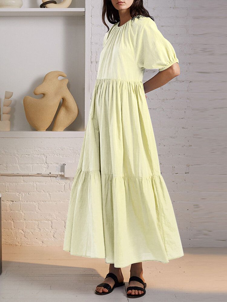 Robe Maxi Décontractée À Manches Bouffantes Et À Col Rond Avec Bouton Plissé