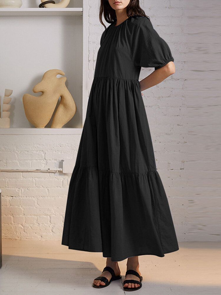 Robe Maxi Décontractée À Manches Bouffantes Et À Col Rond Avec Bouton Plissé