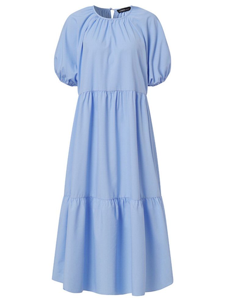 Robe Maxi Décontractée À Manches Bouffantes Et À Col Rond Avec Bouton Plissé