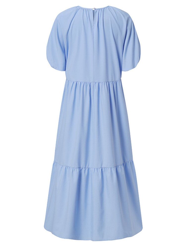 Robe Maxi Décontractée À Manches Bouffantes Et À Col Rond Avec Bouton Plissé