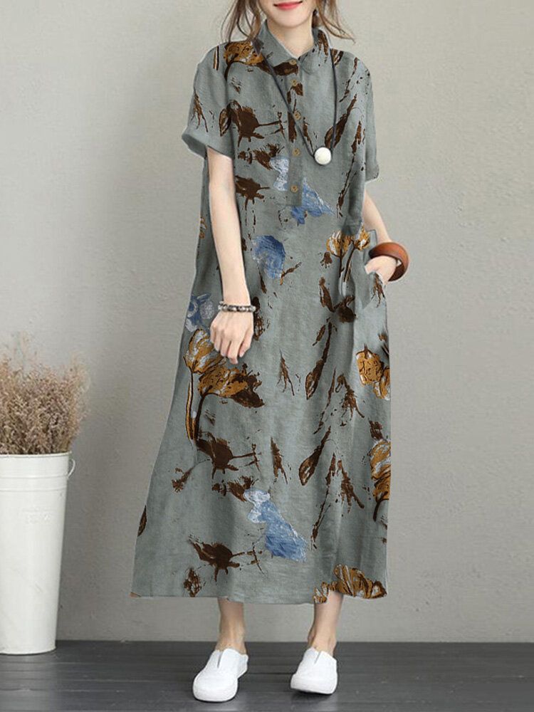 Robe Maxi Décontractée À Manches Courtes Avec Poche À Imprimé Fleuri