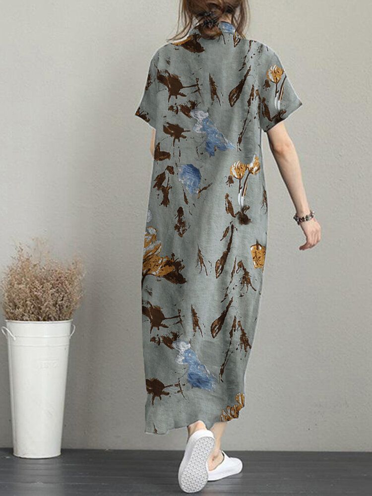 Robe Maxi Décontractée À Manches Courtes Avec Poche À Imprimé Fleuri