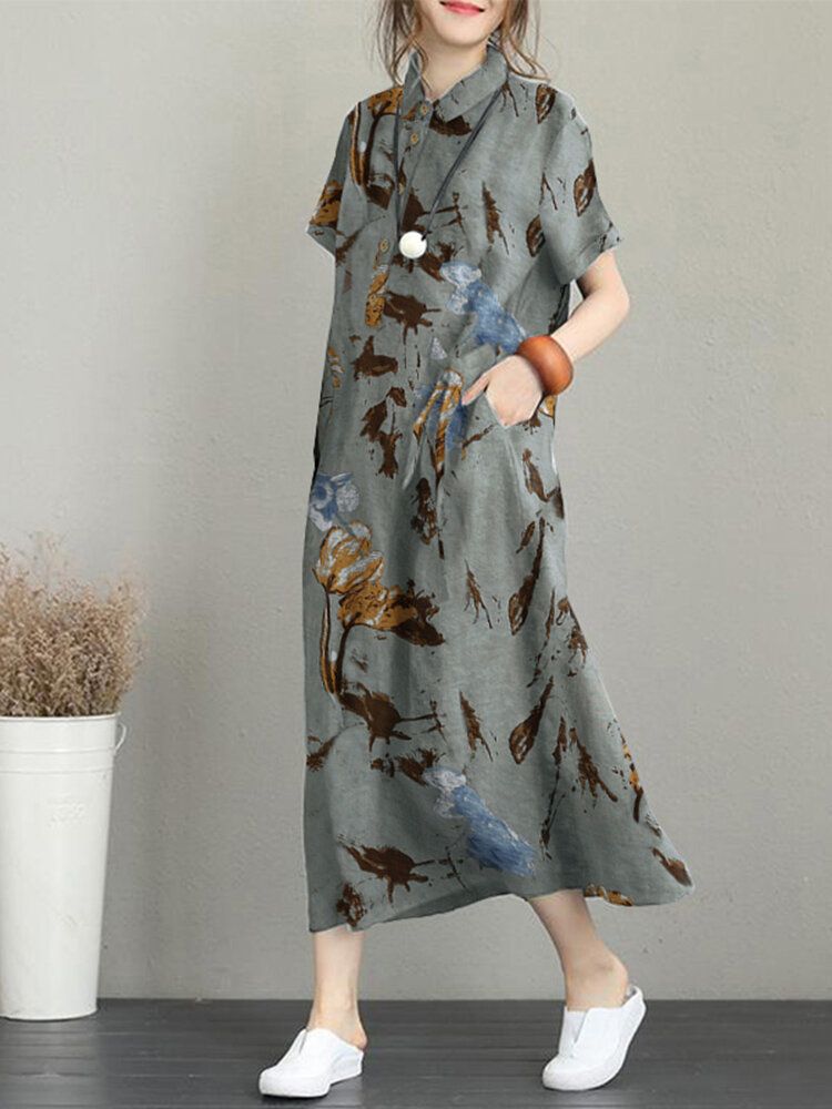 Robe Maxi Décontractée À Manches Courtes Avec Poche À Imprimé Fleuri