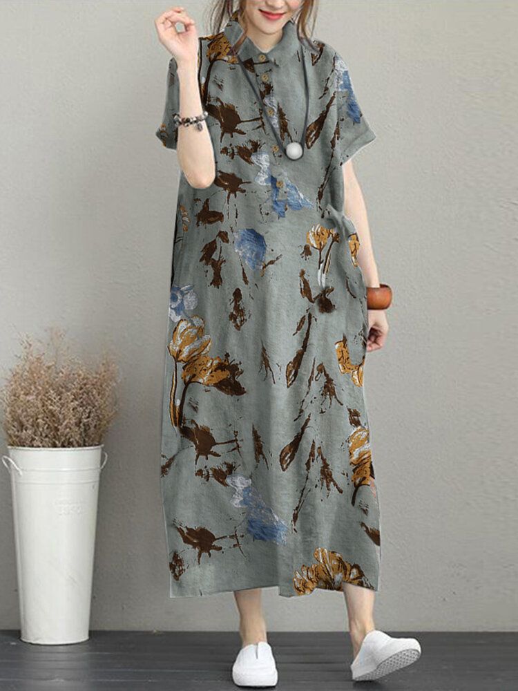 Robe Maxi Décontractée À Manches Courtes Avec Poche À Imprimé Fleuri