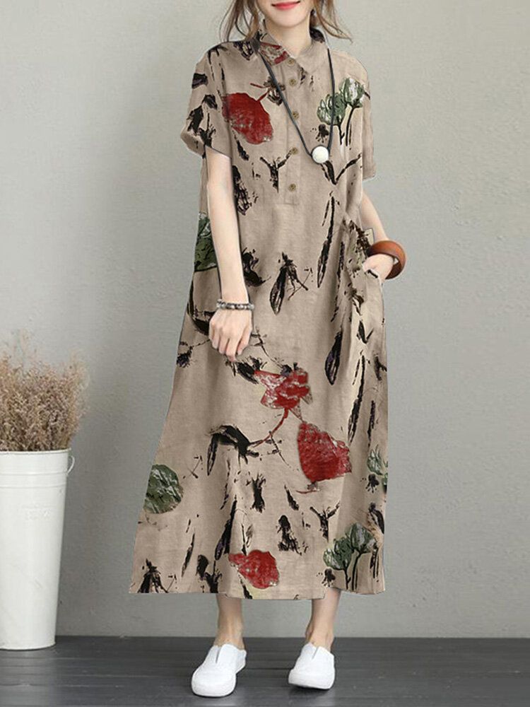 Robe Maxi Décontractée À Manches Courtes Avec Poche À Imprimé Fleuri