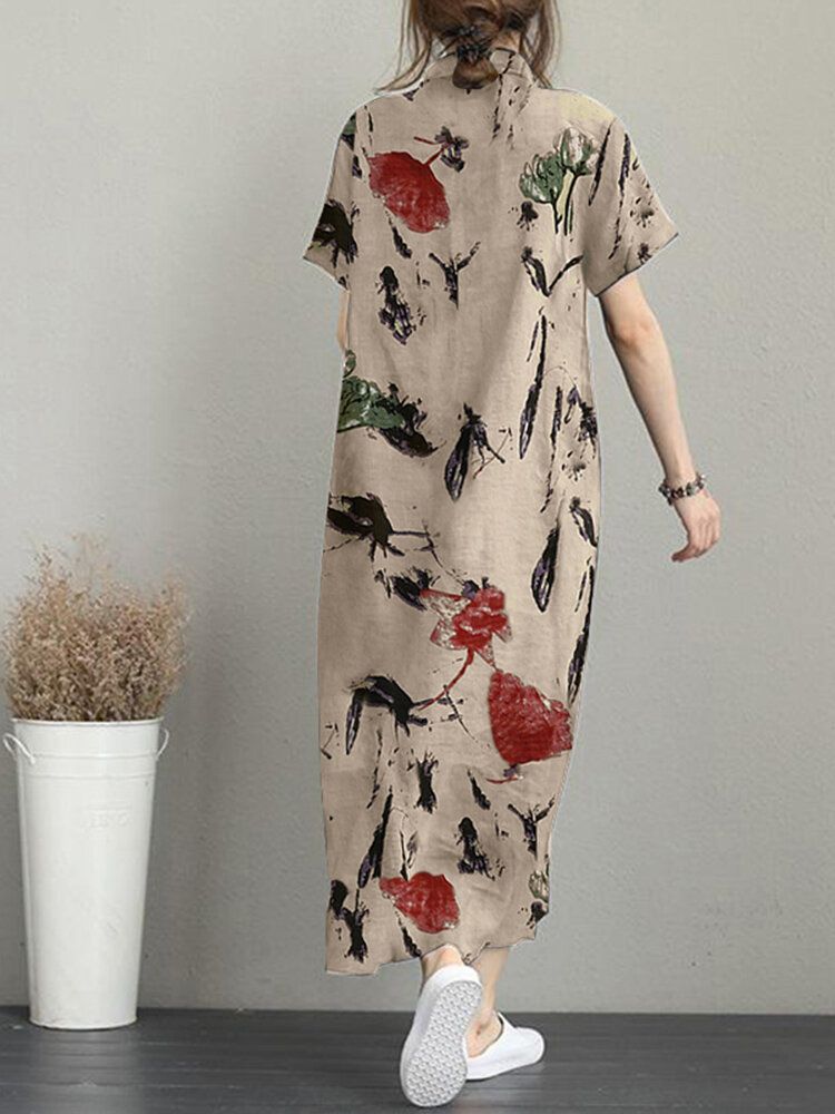 Robe Maxi Décontractée À Manches Courtes Avec Poche À Imprimé Fleuri