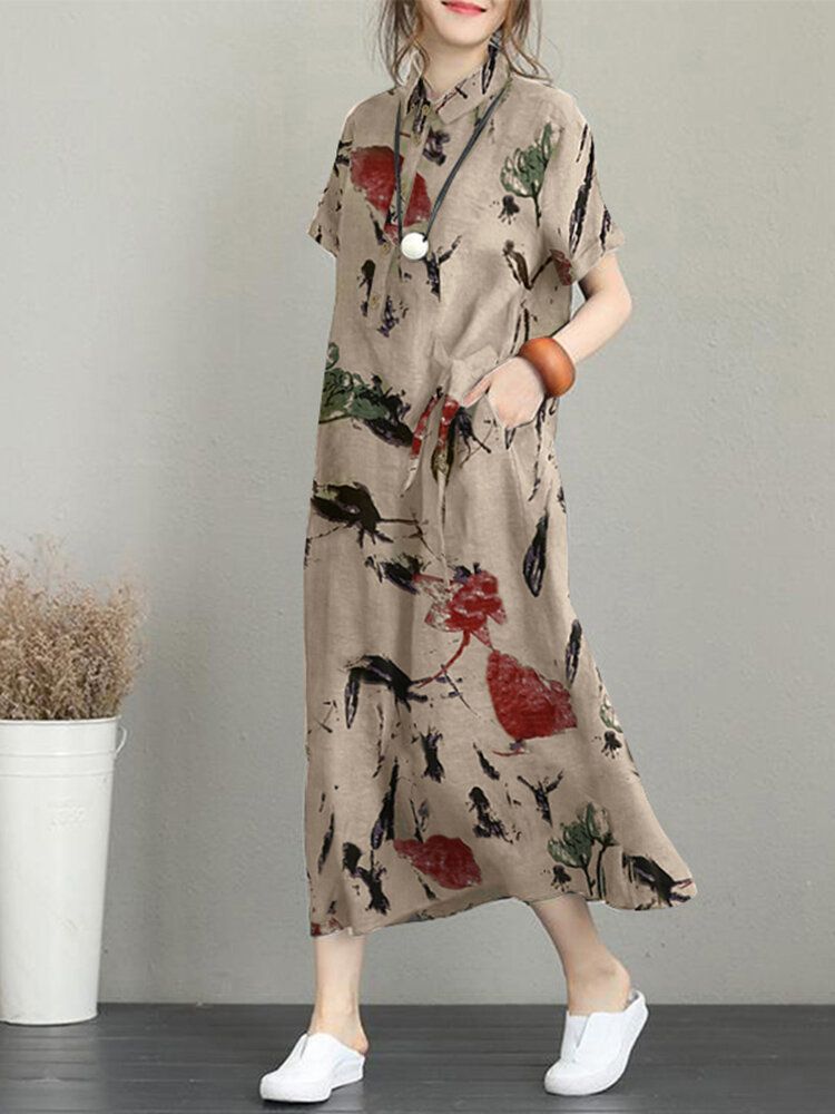 Robe Maxi Décontractée À Manches Courtes Avec Poche À Imprimé Fleuri