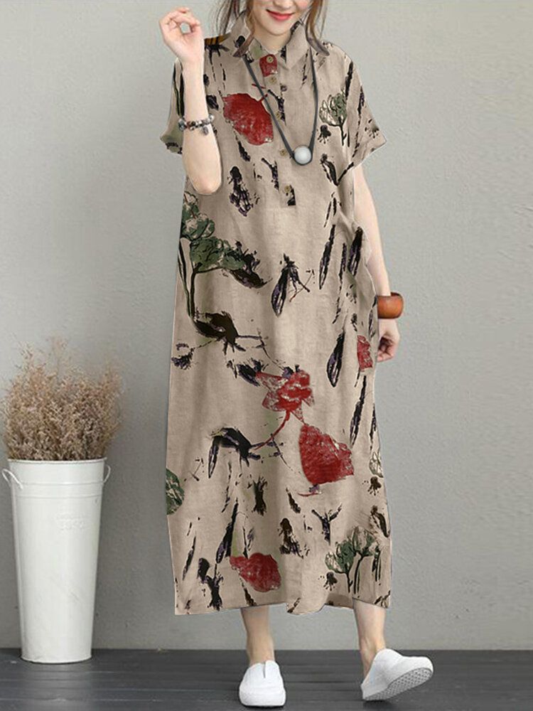 Robe Maxi Décontractée À Manches Courtes Avec Poche À Imprimé Fleuri