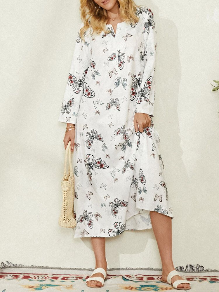 Robe Maxi Décontractée À Manches Longues Avec Imprimé Papillon Pour Femme