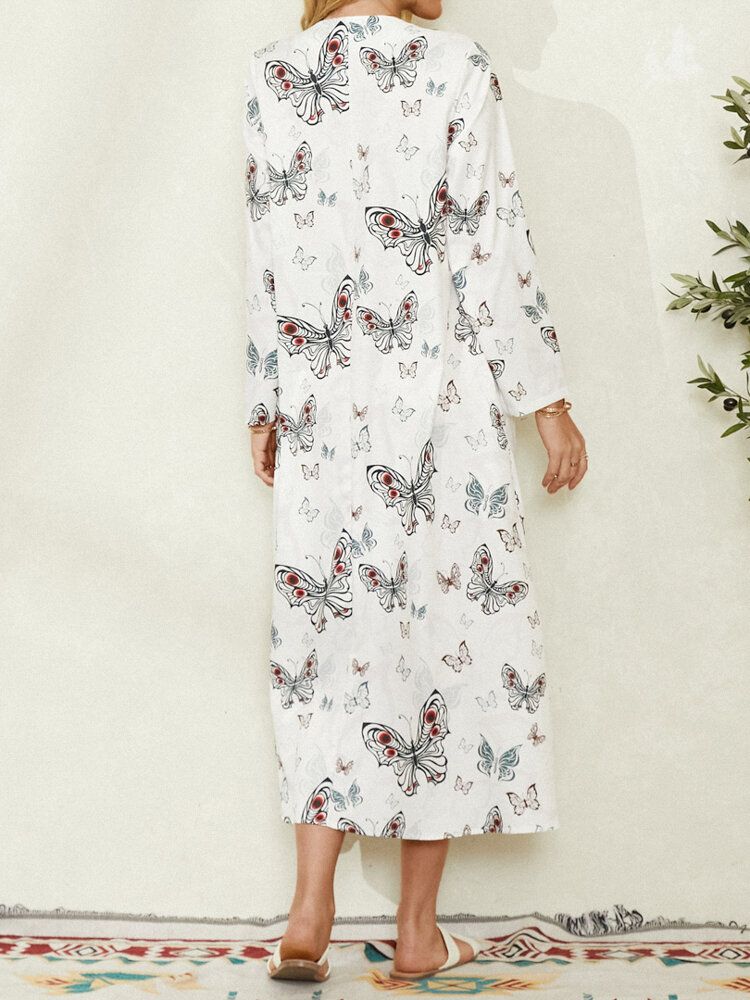 Robe Maxi Décontractée À Manches Longues Avec Imprimé Papillon Pour Femme