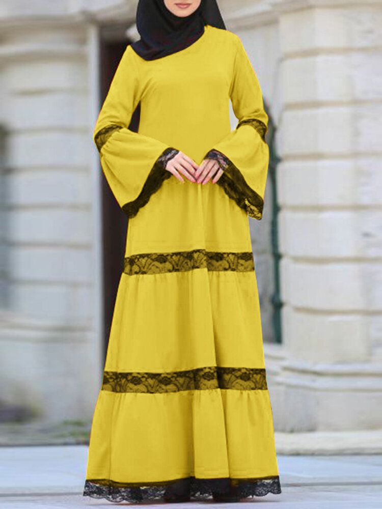 Robe Maxi Décontractée À Manches Longues Et Col Rond Avec Coutures En Dentelle À Blocs De Couleurs