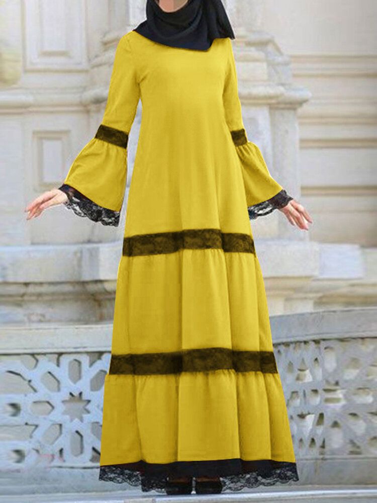 Robe Maxi Décontractée À Manches Longues Et Col Rond Avec Coutures En Dentelle À Blocs De Couleurs