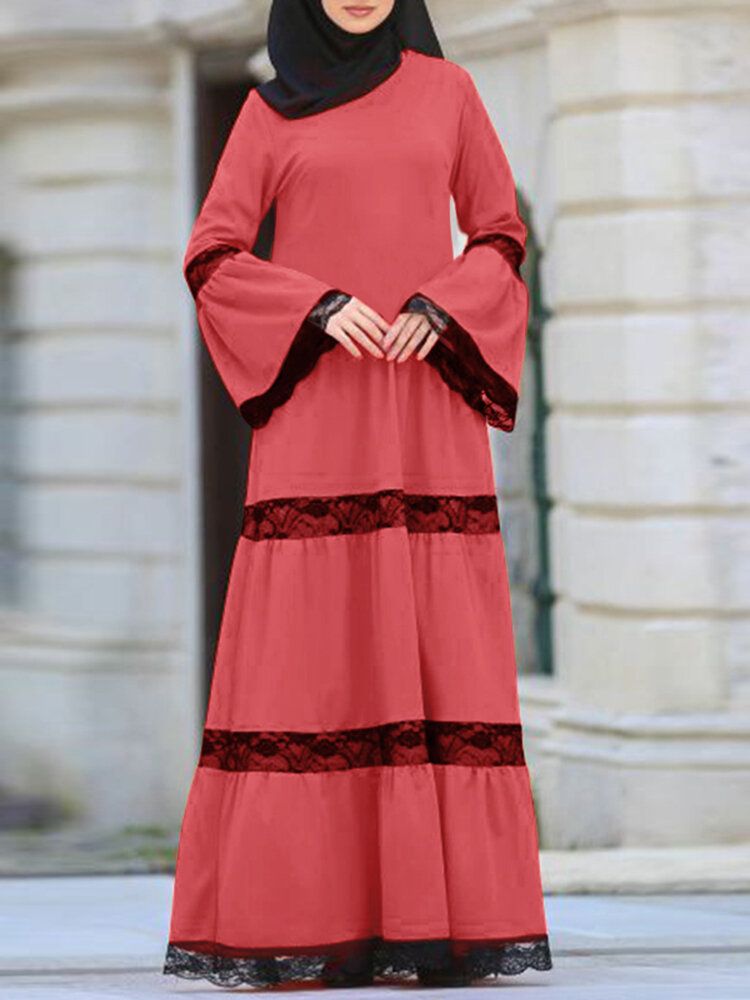 Robe Maxi Décontractée À Manches Longues Et Col Rond Avec Coutures En Dentelle À Blocs De Couleurs