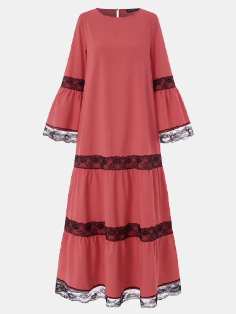 Robe Maxi Décontractée À Manches Longues Et Col Rond Avec Coutures En Dentelle À Blocs De Couleurs