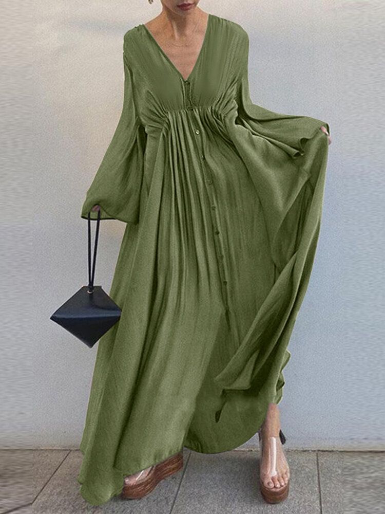 Robe Maxi Décontractée À Manches Longues Et Col En V De Couleur Unie Pour Femmes