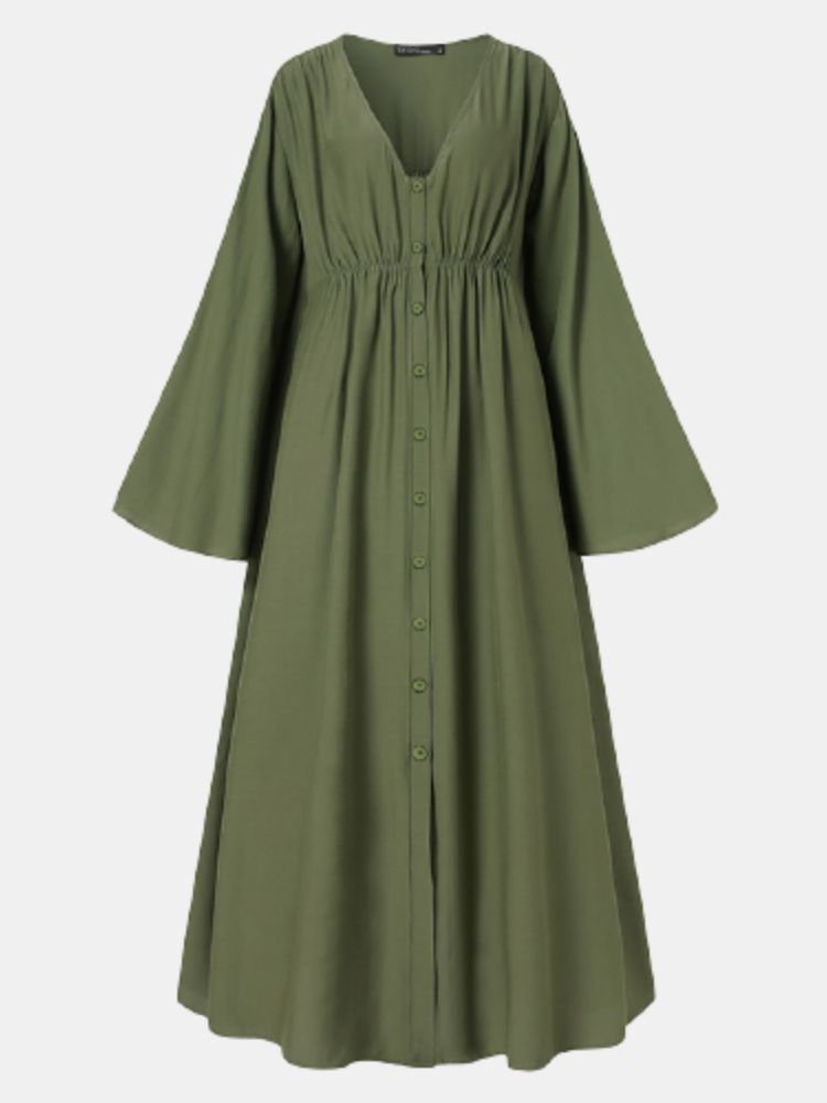 Robe Maxi Décontractée À Manches Longues Et Col En V De Couleur Unie Pour Femmes