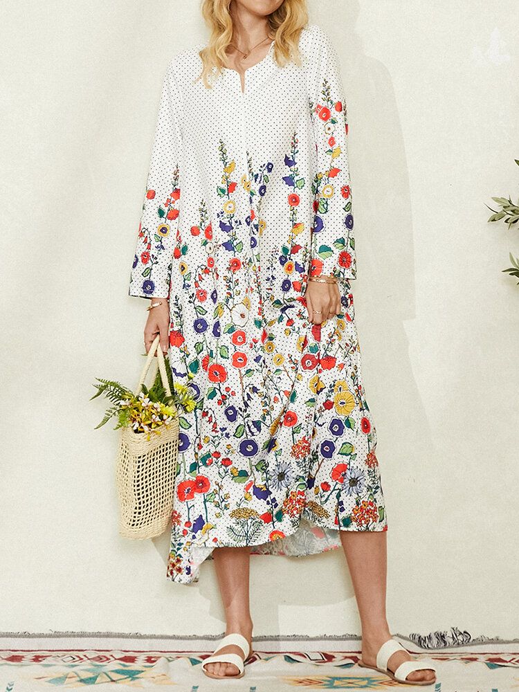 Robe Maxi Décontractée À Manches Longues Et À Pois Pour Femmes